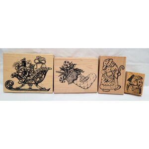 Lot of 4 Vintage Christmas Wooden Rubber Stamps Sleigh Stocking Santa Presents
